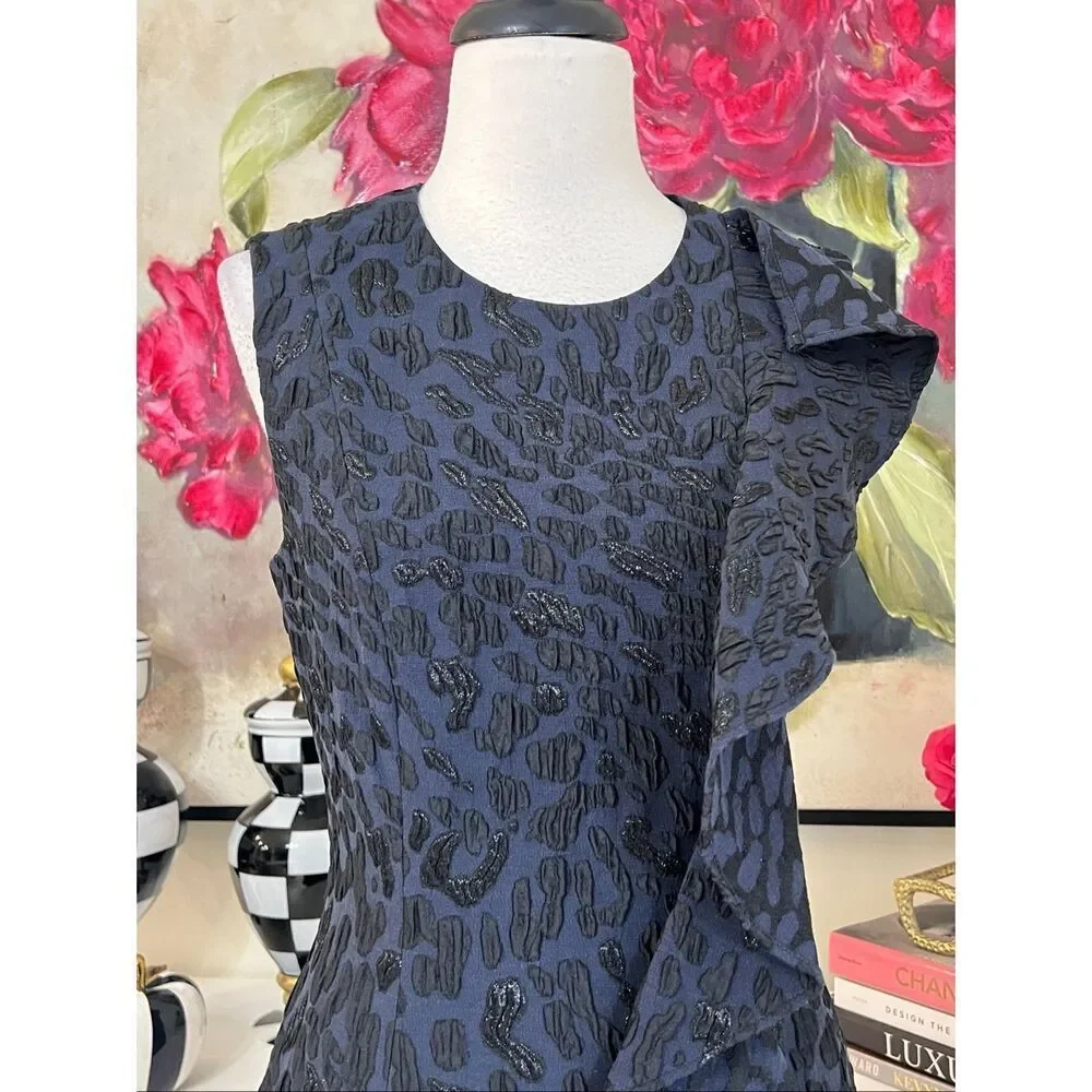 BCBGMaxazria Women's Dede Ruffled Jacquard Sleeveless Sheath Dress Navy Size 6